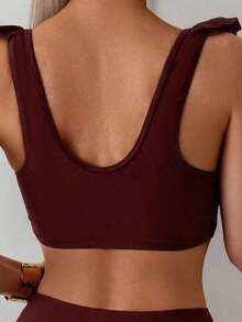 2 piezas Conjunto de traje de baño de verano para mujer con parte superior corta plisada de un solo color con volantes y tirantes, y Bottom triangular tableada y fruncida de cintura alta - Burdeos - Ver 5