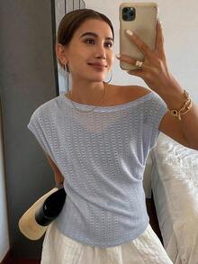 Camiseta de manga corta ajustada con hombros descubiertos y fruncidos a rayas para mujeres - Azul - Ver 3
