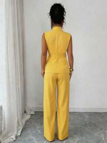 Conjunto elegante y romántico de blazer y corbata de moño para vacaciones y oficina para mujeres - Amarillo - Ver 2