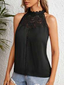 Clasi Blusa con panel de encaje guipur, diseño de escote con abertura en la espalda, sin mangas - Negro - Ver 3