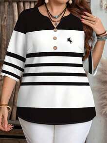 Camisa casual de manga corta a rayas en blanco y negro con botones delanteros, estilo preppy, para mujer de talla grande.Camisa de verano para mujer, estilo de vacaciones campestres, estilo bohemio para mujer. - Blanco y Negro 2 - Ver 5