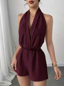 Mono elegante y romántico sin espalda con cuello halter para mujer, adecuado para fiestas, vacaciones, citas y bodas, cumpleaños - Burdeos - Ver 4