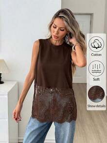 Top sin mangas de mujer con cuello redondo y dobladillo de encaje, primavera/verano - Marrón - Ver 2