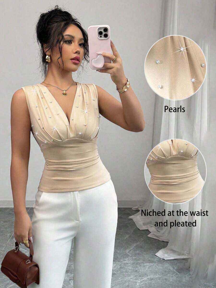 Camiseta de mujer elegante y romántica con perlas beige - Albaricoque - Ver 1