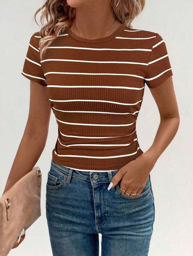 LUNE Conjunto deportivo de tiempo libre para atletismo, ciclismo, running, baloncesto - Camiseta casual cómoda de cuello redondo, ajustada, a rayas blancas y negras con recogido en la cintura, para mujer - Café integral - Añade 3