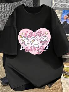 Camiseta casual minimalista, nueva camiseta de manga corta con hombros caídos para mujer, estilo oversized, para primavera/verano, regalo para el Día de San Valentín, camiseta blanca de manga corta con estampado de corazón y banda de gato, estilo dulce y divertido para chicas, ropa de calle llamativa, top lindo y vibrante, blusas para mujer. - Negro - Ver 7