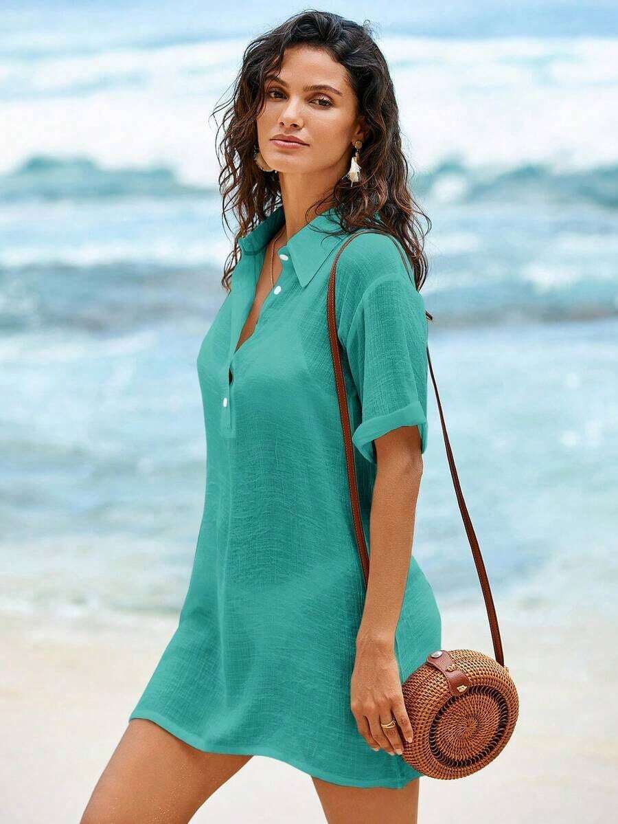 Conjunto de ropa de playa para mujer- Vestido de baño con cuello en V sin mangas como cobertor casual de playa - Verde - Ver 1