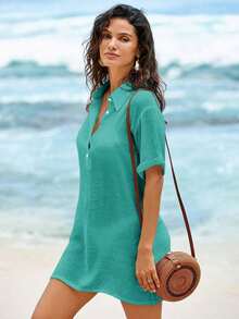 Conjunto de ropa de playa para mujer- Vestido de baño con cuello en V sin mangas como cobertor casual de playa - Verde - Ver 8