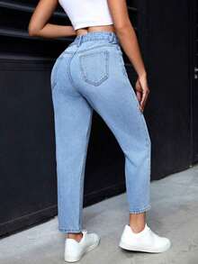 Pantalones vaqueros informales de mujer con bolsillos de forma cónica y multiusos - Azul - Ver 5