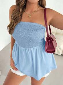 Blusa sin tirantes de rayas negras y blancas, versátil, cómoda y estilizadora, para mujer talla grande, ideal para primavera/verano, vacaciones y salidas, estilo europeo de verano - Celeste - Ver 6