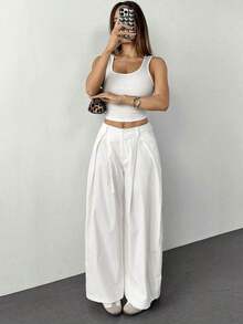 Pantalones anchos de verano con dobladillo curvo verde, estilo vintage, casual y para salir - Blanco - Ver 1