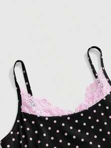 Camiseta de mujer con cuello en U, con detalles de encaje y estampado de lunares modernos - Marrón - Ver 3