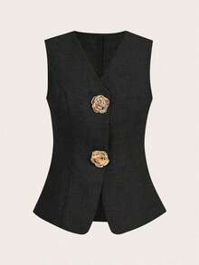Blusa sin mangas con botones de metal en forma de rosa, estilo francés, para uso casual y de oficina, blusa de verano de alta gama - Negro - Ver 6