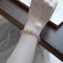 1 pieza Pulsera con piedra de ojo de gato rosa pastel y cuentas verdes, pulsera delicada de primavera con piedra de ojo de gato rosa, pulsera elástica de cuentas para salir y apilar diariamente - Piedra rosa ojo de gato con pequeñas cuentas verdes - Ver 4
