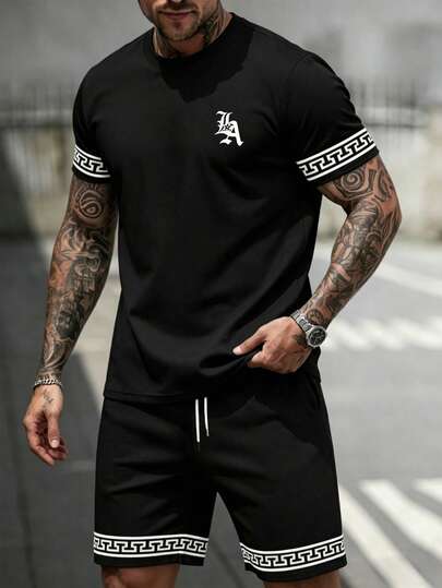 Men's Casual Fashion T-Shirt & Shorts Set, Lightweight Round Neck Printed Quick-Dry Running Outfit For Summer