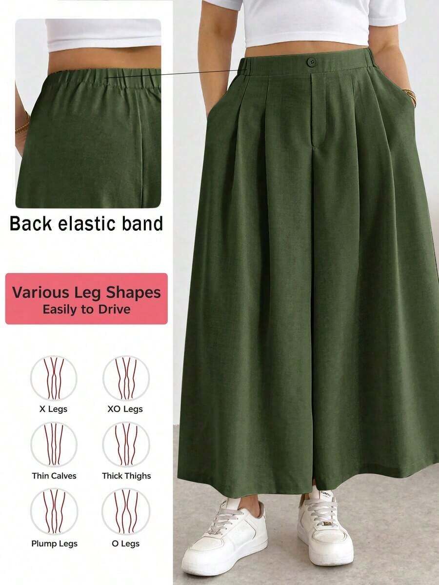 Comfortable And Loose-Fitting Elastic-Waist Pleated Shorts/Skirts, A Basic And Versatile Style For Everyday Wear, Flattering The Figure, In Apricot Color, For Plus-Size Women, For Spring/Summer - Army Green - View 1