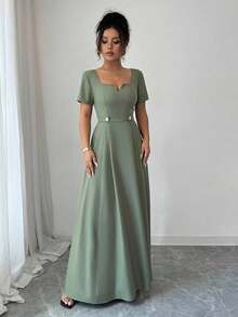 YHHElenzga Vestido de mujer con escote en V, manga corta y decoración de cinturón metálicoYHH - Verde - Ver 4