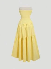 YHHSweetra Vestido casual de línea A amarillo sólido con pliegues, sin tirantes, de moda sencilla para fiestas, playa y citas, primavera y veranoYHH - Amarillo - Ver 2