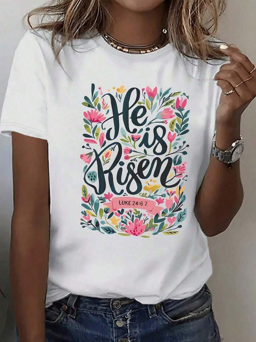 Women's Casual Crew Neck T-Shirt, 100% Cotton, With "He Is Risen" Print, Floral Design, Short Sleeve, Versatile Top For All Seasons - 白色 - 查看 1