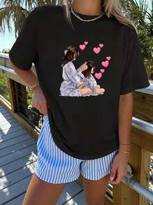 Women's 100% Polyester Short Sleeve T-Shirt - Casual Round Neck Blouse - Compatible Top Suitable For Travel And Daily Wear, Machine Washable - T-Shirt With "Mother-Daughter" Letter Print And Heart Circle, Summer Novelty For Matching Sets. - 黑色 - 查看 6