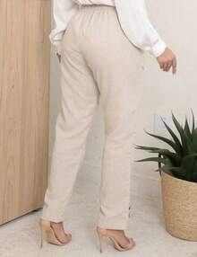Women's Skinny Linen High-Waisted Trousers With Slash Pockets And Front Tie – Elegant Formal Style, Modern Tailoring, Chic Fitted Cut For Work, Events, And Sophisticated Casual Fashion Looks - 米色 - 查看 2