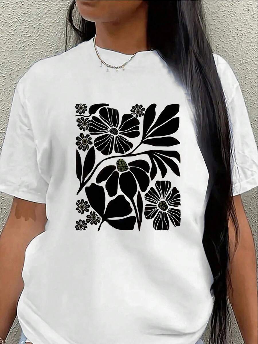 Camiseta de manga corta de poliéster, estampada con motivos florales, ligera y duradera, adecuada para el hogar, restaurantes o uso casual al aire libre.women's shirts - Blanco - Ver 1