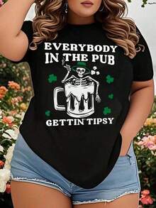 Camiseta Gráfica Casual Divertida de Talla Grande para Mujer con Diseño de Calavera y Jarra de Cerveza para el Día de San Patricio, Ideal para Fiestas y Celebraciones. - Negro - Ver 7