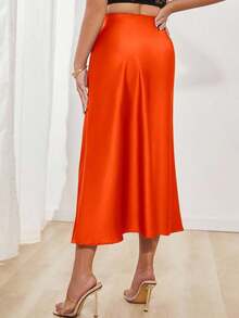 Falda en A de satén elegante y versátil para mujer - Naranja Quemada - Ver 2