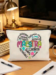 Maestra Theme Makeup Bag Set, Spanish Teacher's Day Gift Makeup Bag, "Gracias Maestra" Floral Heart Print Canvas Zipper Bag, Maestra Letter Pattern Makeup Bag, Floral Print Zipper Women's Makeup Bag, Gift For Her, Suitable For Women's Cosmetic Storage, College Dorm Cosmetic Storage, Women's Travel, Gift Bag, Teacher's Day Gift Bag - Multicolor - View 14