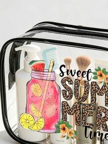 1pc Black PVC Transparent Makeup Organizer Bag, Printed With "Sweet Summer Time" Letter Pattern And Pink Soda Pattern, Premium Quality Durable, Waterproof And Stain-Resistant, Easy To Wipe Clean - Multicolor - View 8