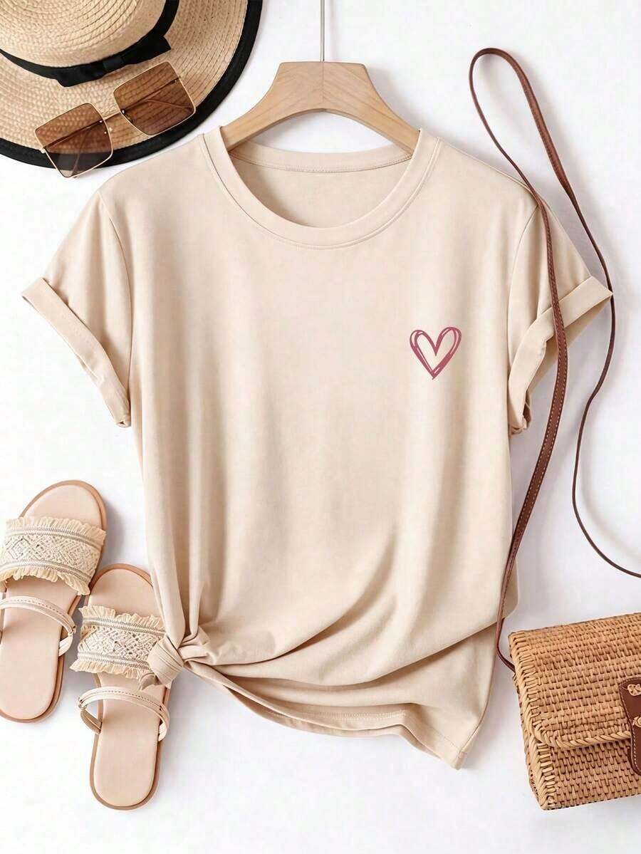 short-sleeveCamiseta de mujer estampada de manga corta para verano, tela de poliéster, estilo multifuncional, corte regular, peso 180 gramos, 1 unidad.100% Cotton - Albaricoque - Ver 1