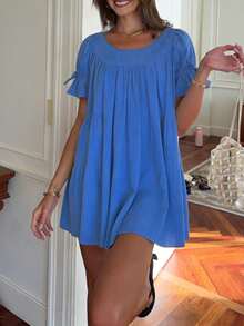 Baby Doll Mini Dress For Women Summer Solid Color Loose Bubble Short Sleeve Scoop Neck Dress - Rửa trung bình - Xem 2