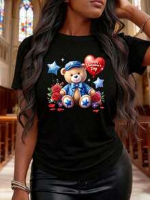 Camiseta negra con estampado divertido de oso de peluche, corazón, estrella y rosa, ideal para el Día de San Valentín, adecuada para regalos navideños - Estilo vintage urbano, unisex, de algodón, manga corta, cuello redondo, blusas para mujer. blusas.blusas casuales para dama.Impresión de osos cariñosos.Camiseta estampada Impresión de osos cariñosos. - Negro - Ver 3