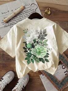 [Double-Sided Print] Fashionable Women's Top, Summer Clothes For Women, Cool Style With Green Peony Leaf Print, Round Neck, Short Sleeve T-Shirt, Winter Clothes For Women - 杏色 - 查看 4