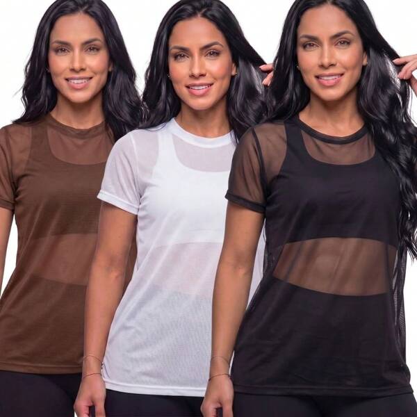 Kit 3 Blusa Feminina Transparente Tule Arrastão Manga Curta Moda Fitness Academia Treino Camisão Leve