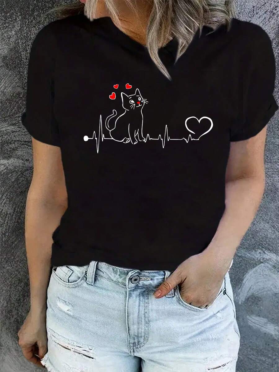 1 Piece Of Women's Casual Round Neck T-Shirt, Cat Print, 100% Cotton, Short Sleeve Top With Animal Print, Suitable For Spring And Summer, 180g 100% Cotton. - 黑色 - 查看 1