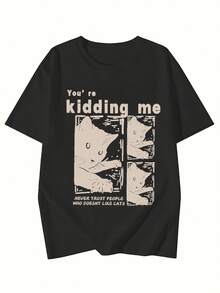 Y2K 1pc Women's Casual Loose Short Sleeve T-Shirt, Letter And Cat Print T-Shirt, Sweet Style Round Neck T-Shirt For Women, 95% And 5% - 黑色 - 查看 2