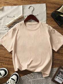 Camiseta Casual para Mujer 2026 con Estampado Gráfico de Sakura Blanca, Manga Corta con Hombros Caídos, Cuello Redondo, Tejido de Punto de Elasticidad Media para Moda de Primavera, 100% Algodón - Albaricoque - Ver 4