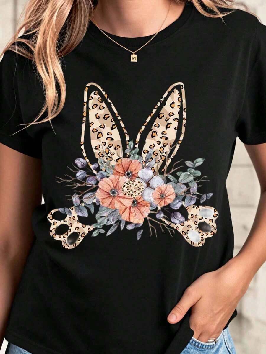 Camiseta de Mujer con Estampado Floral de Leopardo y Orejas de Conejo, Top Casual de Verano, Estilo Boho, Camiseta Gráfica para Mujer - Negro - Ver 1