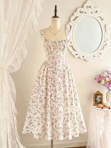 Women's Elegant Vintage Dress With Pockets, Featuring A Ruched Bodysuit With A Tiny Floral Print, Spaghetti Straps, And A Casual Design Suitable For Parties, Vacations, Summer Wear, Prom, Birthdays, Weddings, As A Wedding Guest Dress, Or A Spring Dress. - 紅色 - 查看 4
