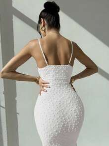 Elegante vestido largo ajustado con escote drapeado de tirantes tipo espagueti, con detalle de pliegues y abertura, de color azul, ideal para citas, bodas, primavera/verano - Blanco - Ver 2