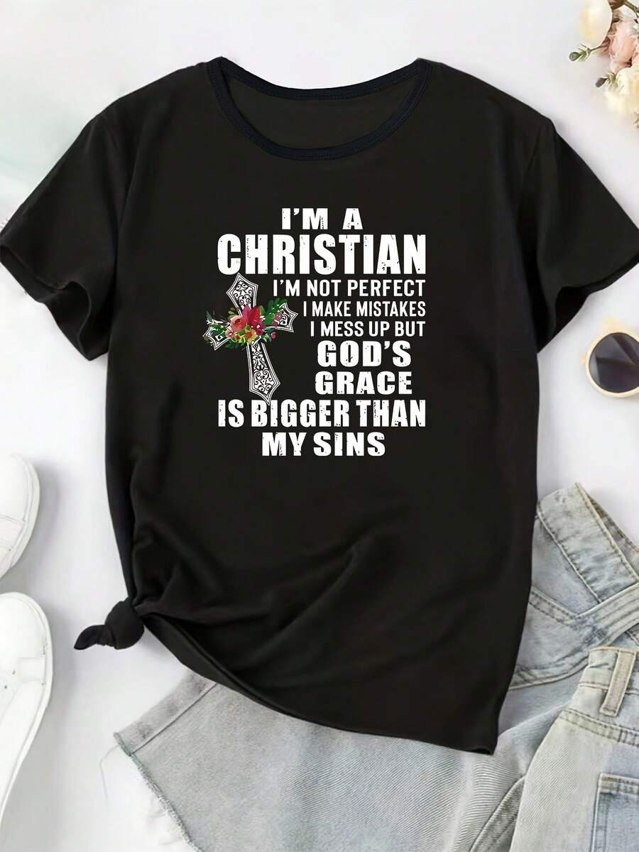 Camiseta de Mujer con Estampado Floral de Cruz, Temática de Fe Cristiana, Manga Corta, Holgada, Casual, Cuello Redondo - Negro - Ver 1