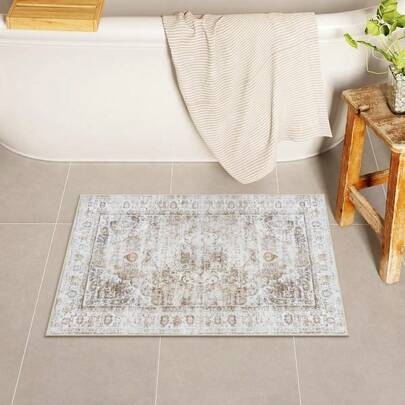 Soft Velvet Boho Bathroom Rug 18x26, Vintage Farmhouse Bath Mat, Non-Slip Washable Bathroom Carpet For Sink, Shower & Vanity Area