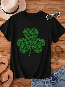Women's St. Patrick's Day Shamrock Print T-Shirt, White, Casual, Lucky Shamrock Design, Loose And Comfortable Fit For St. Patrick's Day Celebration - 黑色 - 查看 2