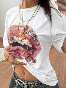Women's Casual Loose Fit T-Shirt With "Fearless Lips" Print, Breathable And Comfortable, Short Sleeve, Round Neck, Bold Red Lips Design With Jewels, Soft Cotton, Perfect For Everyday Wear And Urban Style - 白色 2 - 查看 6