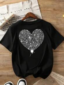 Printed T-Shirt With Front And Back Designs, Heart Balloons, Valentine's Day Pattern, Round Neck, Short Sleeves,  And Casual Style, Double-Sided Printed Top For Women. Elegant Party Outfit, T-Shirt For Stylish Ladies, Blouses Suitable For Curvy Women, Prom Skirts, Casual Wear - 黑色 - 查看 2