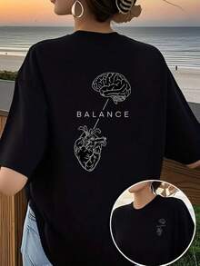 Short-Sleeved T-Shirt - Balance, Brain And Heart - Fashionable Printed T-Shirt For Women, Spring/Summer, Your Best Choice! Elegant Party Outfit, T-Shirt For Elegant Ladies, Blouses Suitable For Curvy Women, Prom Skirts, Casual Wear - 黑色 - 查看 7