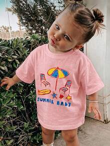 1pc Baby Girls' Casual Printed Round Neck Short Sleeve T-Shirt, Summer Childrenswear - Adorable T-Shirt Brings Joy And Happiness To Every Child! - Pink - View 1