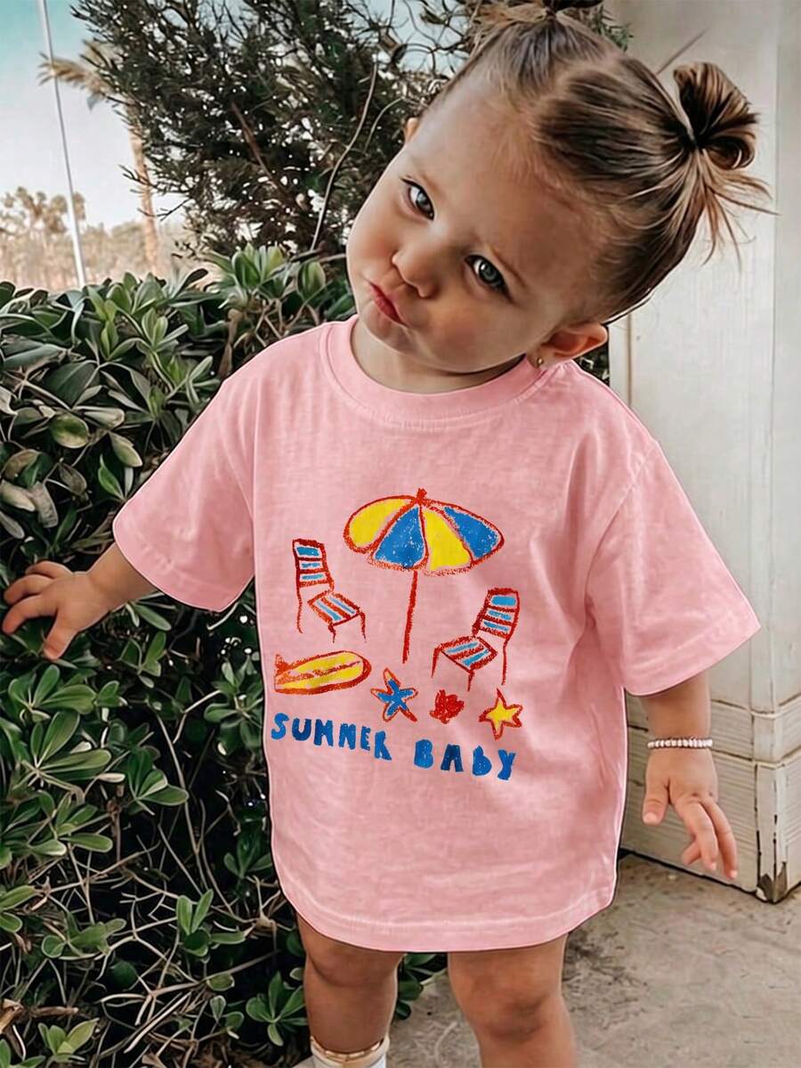 1pc Baby Girls' Casual Printed Round Neck Short Sleeve T-Shirt, Summer Childrenswear - Adorable T-Shirt Brings Joy And Happiness To Every Child! - Pink - View 1