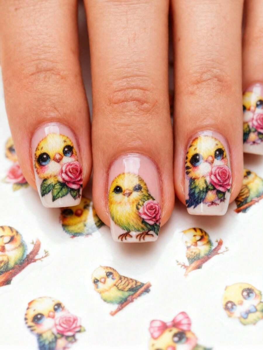 1pc Cute Parrot Nail Stickers, Self-Adhesive One-Time Embossed Nail Art Decor, Adorable Style Suitable For Gatherings With Friends, Vivid Pattern Easy To Apply And Firmly Stick - Multicolor - View 1